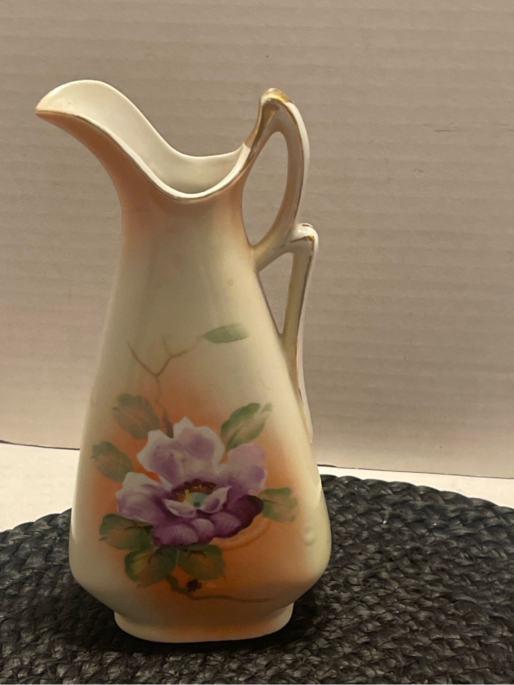 Vintage Japan Cream Ceramic Pitcher Vase with Hand-Painted Purple Floral Design